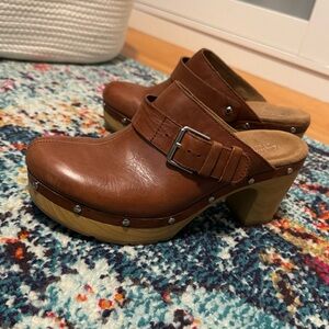 Clarks Brown Leather Buckle Clog Mules